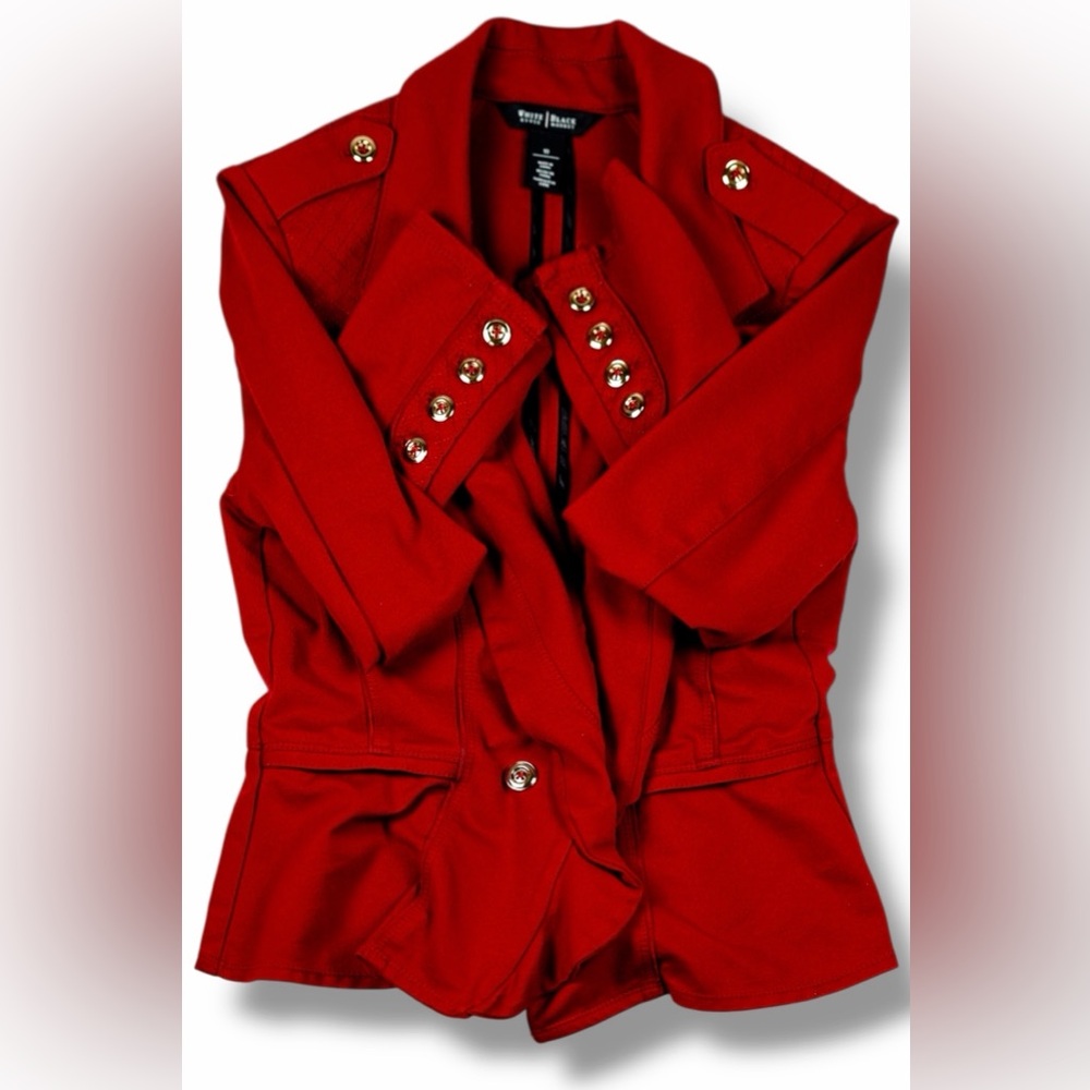 White House Black Market Womens Red Peplum Blazer Jacket Size 10 Gold Button - Picture 9 of 16